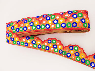 Brown Multicoloured Indian Mirror Trim, Kutch Embroidered Navratri Garba Dress Trim Bridal Lace, Indian Sari Border 42 mm Wide Trim Per Yard
